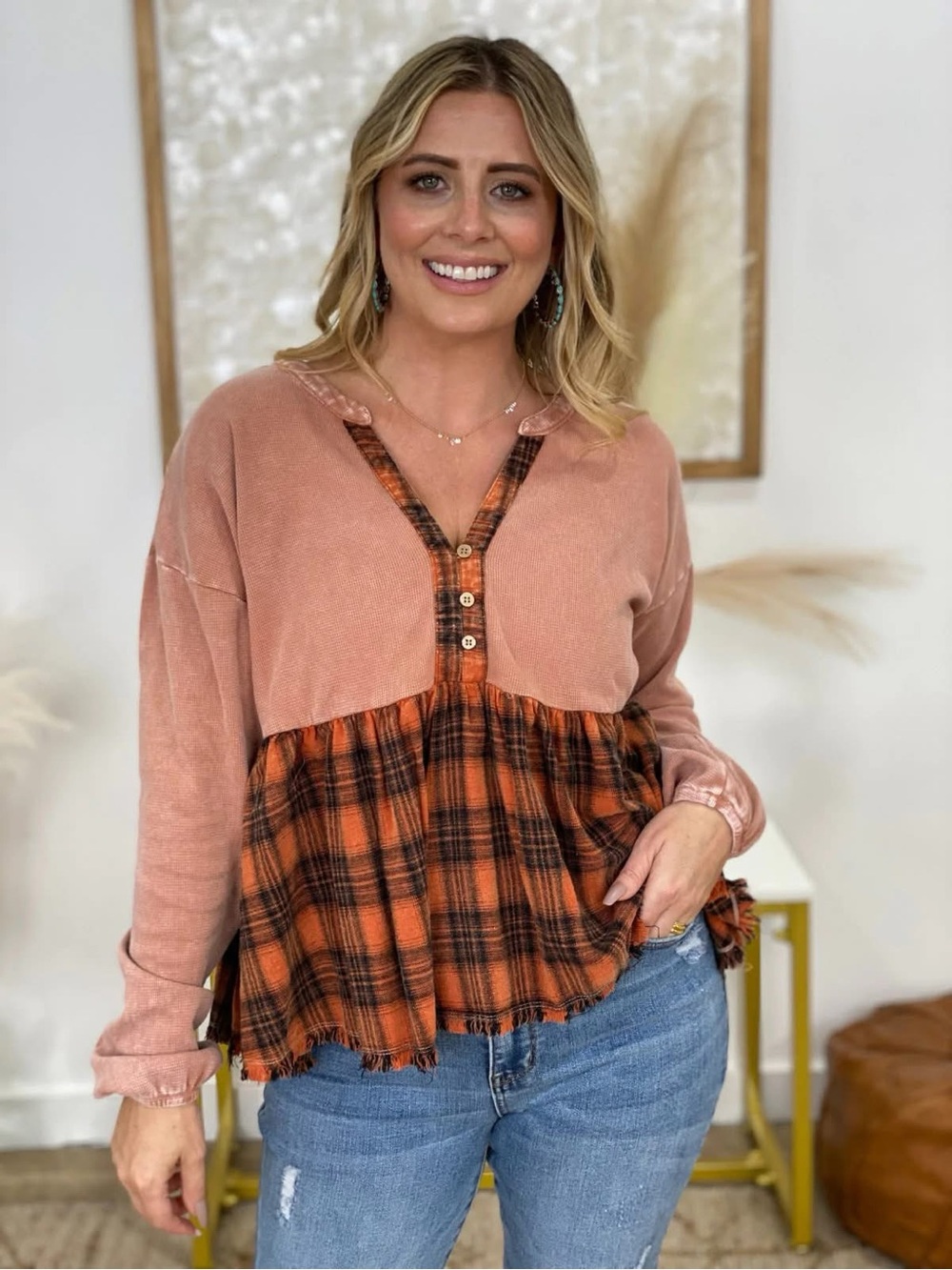 NWT Easel Mineral Wash Waffle Knit Plaid Long Sleeve Babydoll Top small